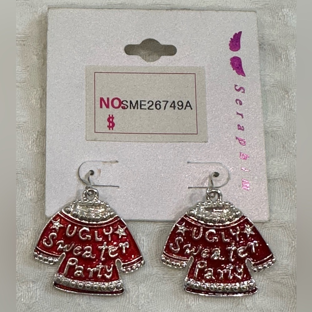 NWT Seraphim Red & Silver UGLY SWEATER PARTY Christmas Dangle Hook Earrings